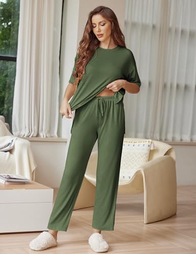 Image of Ekouaer Lounge Sets for Women Short Sleeve Tops and Long Pants Soft Comfy Pajamas Set 2 Piece Outfits