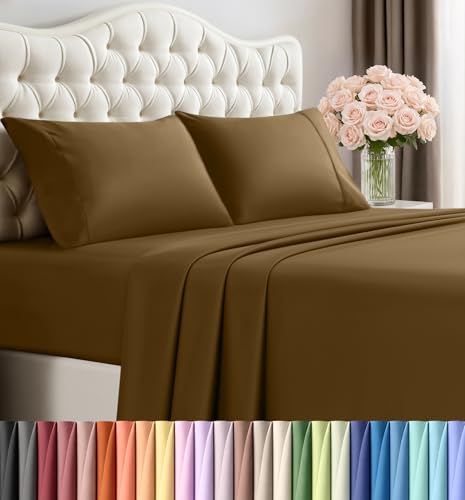 Bedding Full Sheet Set – 4 Piece Bed Sheets for Cal King Size Bed, Soft and Breathable Microfiber, Includes 1 Fitted Sheet, 1 Flat Sheet and 2 Pillowcases (Mocha)