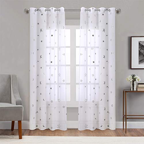 Silver Star Print Curtains White Sheer Window Drapes With Twinkle Star For Living Room 2 Panels Eyelet/Ring Top Transparent And Soft Cosmic Theme For Bedroom And Space-Loving Grown-Ups 54" W X63" L #TOP25