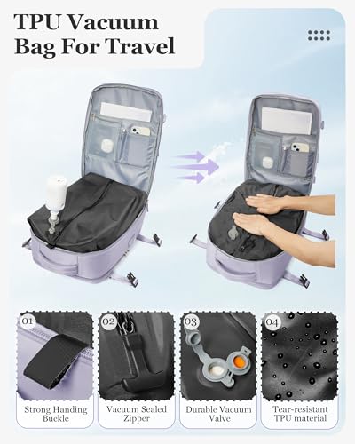 Large Vacuum Travel Backpack Air Vacpack Vacuum Compression Seal Bags with Pump Flight Approved Carry on Luggage Personal item Travel Bag Laptop Backpack with Shoe Compartment Purple3