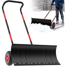 Snow Shovel with Wheels,Heavy Duty Steel Snow Shovel Pusher for Driveways,Sidewalks,3 Level Adjustable Handle and Angle Blade Push Plow