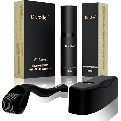 Dr.roller Kit de Crecimiento de la Cabello Barba, Derma Roller 0,5mm, Serum para el Crecimiento del Cabello, Microneedling Derma Roller Para el Crecimiento del Pelo Barba