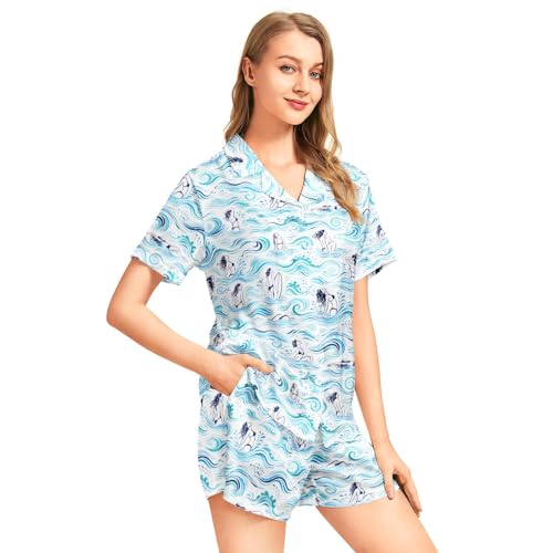 Image of Funny Pajamas for Women Set Print Satin Loungewear Pjs Short Sleeve Button Down Top and Shorts Sets Sleepwear XS-3XL