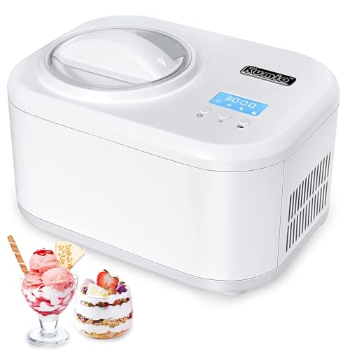 MQL-HDX Ice Cream Maker with Compressor, No Pre-frozen Ice Cream Maker with Lcd Display and Timer, Removable Paddle and 1L Bowl and Transparent Lid