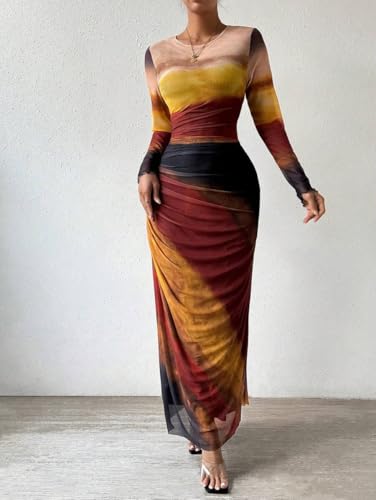 Image of LIGHT DOT Women's Printed Bodycon Maxi Dress Long Sleeve Tie Dye Mesh Ruched Cocktail Dress