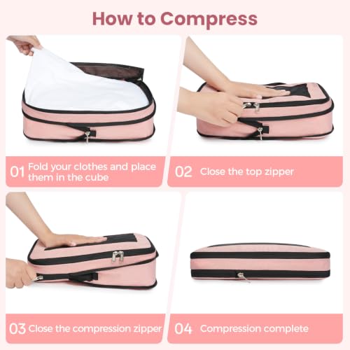 Image of BAGAIL Compression Packing Cubes for Travel Essentials, 8 Set-Pink | Tear‑Resistant Fabric, Space‑Saving, Visible Mesh Panel, Vibrant Color Choices, Travel, Camping & Cruise, Home Storage