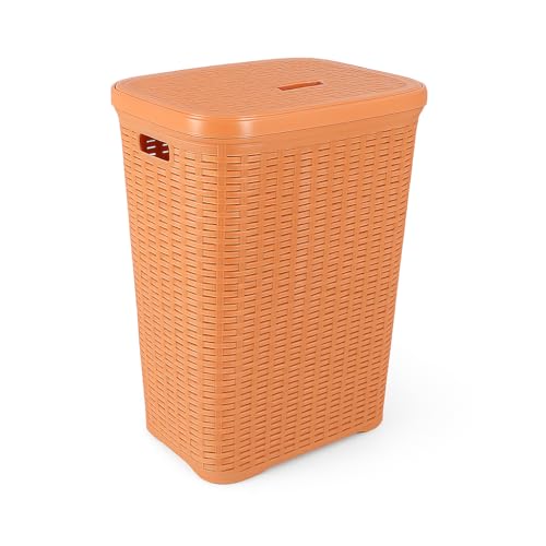 TIENDA EURASIA - Pongotodo | Cesto con Tapa | Cubo para la Colada | Capacidad: 60 Litros | Cesta para Ropa Sucia | 34 x 43 x 63 cm (Naranja)