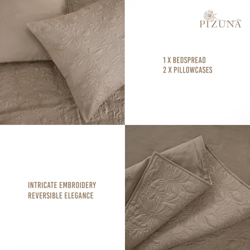 Image of Pizuna Luxurious Cotton Bedspread with 2 Pillow Covers, 400 Thread Count Long Staple Quilted Bed Spread with Soft Polyfill 102X102 Inch Embroidered Cover for Super King Bed, Simply Taupe