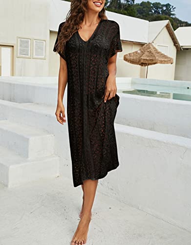 shermie Women Loose V Neck Side Slit Swimsuit Cover Up Mesh Knit Crochet Long Beach Dress2