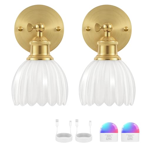 Image of Vintage Battery Operated Wall Sconce, White Tulip Glass Lampshade Wireless Rechargeable Battery Powered LED Wall Light with Remote Dimmable for Bedside Bedroom Doorway Living Room, Set of 2