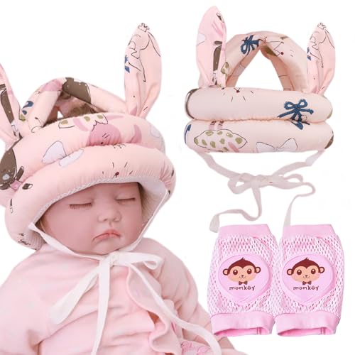Caschetto Primi Passi,Minging Casco Per Bambini Casco Neonato Caschetto Protezione Primi Passi Per Bambini Neonati Casco Bambino Cappello di Sicurezza e Un paio di ginocchiere striscianti (Rosa)