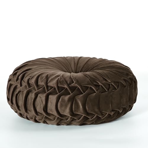 Image of HIG Set of 2 Decorative Round Pleated Throw Pillows,Classy Accent Pumpkin Throw Pillows with Center Button,Vintage Velvet Floor Pillows for Sofa Vanity Chair Bed,Chocolate,14.5 inch Diameter(Ripple)