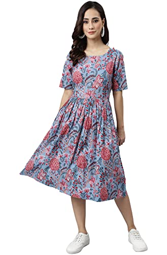 Image of Janasya Women's Cotton Floral Print Flared Dress