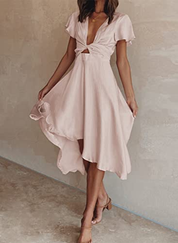 Image of miduo Womens Satin V Neck Ruffle Short Sleeve Tie Front High Waist Midi A-Line Maxi Dresses