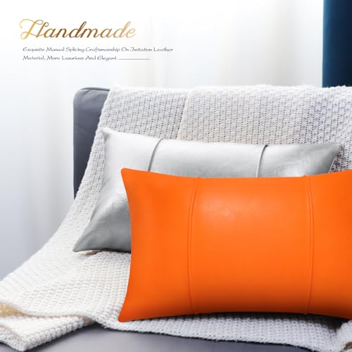 Image of BRAWARM Orange Leather Throw Pillow Covers 12 X 20 Inches - Faux Leather Lumbar Pillow Cover with Piping, Hand Stitched Leather Throw Pillow for Couch Sofa Bed Living Room Home Decorative