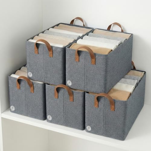 Image of Btag Pack of 5 Storage Baskets (46L x 27W x 19H CM) Non-Woven Foldable Wardrobe Organizer with Metal Frame Rectangle, Storage Box with Handles for Clothes, Books, Toys, Blankets & Closet Use.