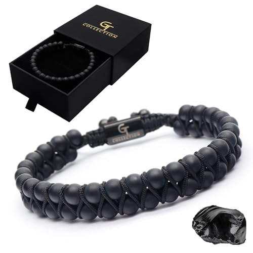 Mens Double Beaded Bracelet - Used for Its Grounding Effects 100% Natural Wrapped - Adjustable Gemstones Beaded Bracelet for Mens (Black)