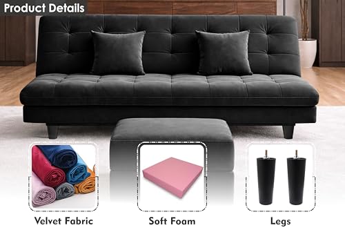 Image of Rosebell Modern Three-Seater Sofa Cum Bed - Foldable Velevt Fabric Sofa, Foam Seating, Stylish Design for Living Room, Guest Room & Office - Black Color