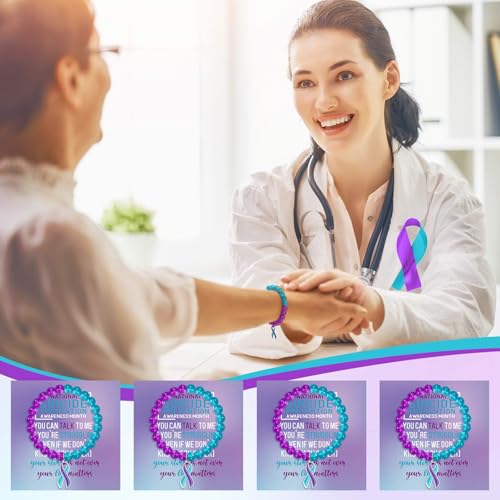 Image of Huquary 12 Pcs Suicide Prevention Awareness Bracelets Gifts Bulk Teal and Purple Natural Stone Ribbon Bracelets for Suicide Prevention Depression Awareness Gift
