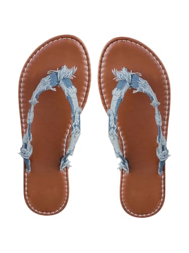 RoseSeek Womens Denim Flat Sandals Slip on Peep Toe Sandal Slippers Summer Shoes Blue 8