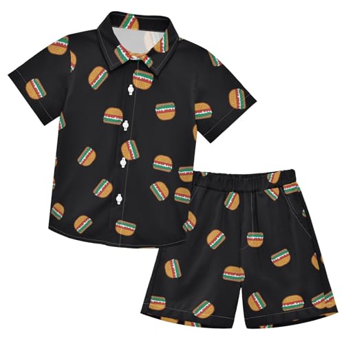 Image of Sunflower Floral Yellow Black Short Sleeve Hawaiian Button Down Shirts and Short Sets for Boys Toddler Summer Outfits