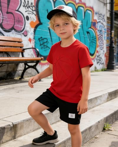 Image of Boys 2 Piece Outfits Short Sleeve Basketball Pattern T-Shirt and Shorts Summer Clothes for Kids 5-12 Years
