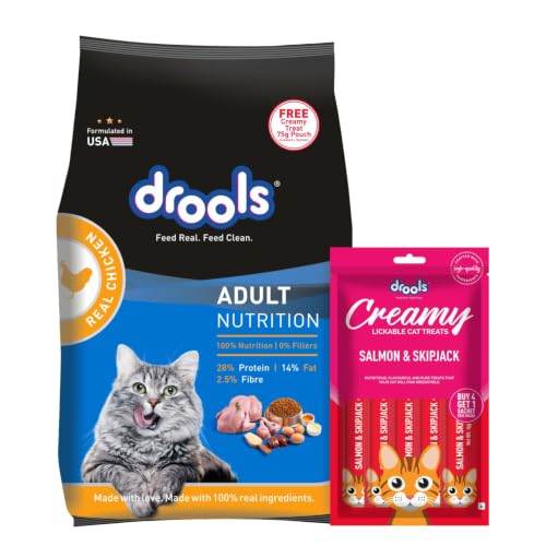 Image of Drools Adult Dry Cat Food 1kg with Free Creamy Treat 75g | Real Chicken Flavour | Hairball Control | Taurine for Cardiac Support | Nourished Skin & Shiny Fur