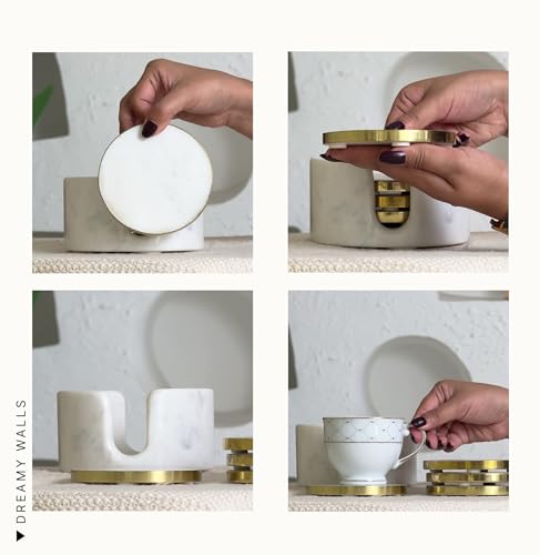 Image of Dreamy Walls 4'' White Marble Coasters with Holder for Drinks, Tabletop & Coffee Table | Easy Clean, Non-Slip & Heat-Resistant, Party /Office /Home Decor | 4 Inches, Set of 4, Gold Brass Rim, Round