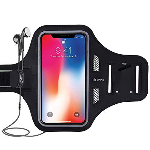 Triomph Phone Running Armband, Cell phone Holder up to 6.5 inch for iPhone Xs Max, XR, X, 8 Plus, 7/6/6S Plus, iPod Samsung Galaxy S9 Plus, S8 Plus with Adjustable Elastic Band & Key Card Holder,Black