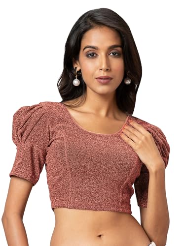 Image of Amazon Brand - Anarva Women's Readymade Shining Lycra Stretchable Round Neck Half Sleeve Blouses