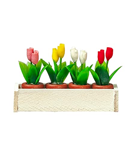 Boîte à fleurs blanche miniatures Melody Jane avec 4 pots de tulipes pour jardin de poupée
