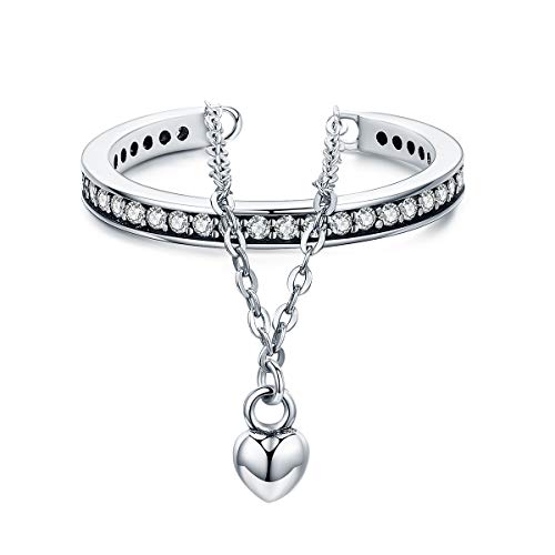 Anillo de plata 925, alta calidad, 100% plata esterlina 925, anillo apilable con forma de corazón de circonita cúbica, cadena de doble capa para mujer, joyería de boda