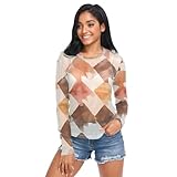 Chemisier marron à manches longues en maille transparente pour femme Motif pied-de-poule, Pied de poule marron, Taille S