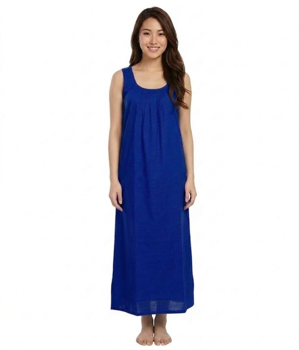 Women's Cotton Sleeveless Maxi Nightgown – Breathable Long Nightdress – Soft Pleated Scoop Neck Loungewear-image-5
