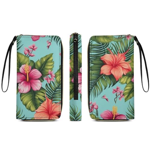 Hawaiian Tropical Leaves FlowersPrint Long Wallets PU Leather Clutch Purse Card Holder Wallet, with Wristlet Zip Around Long Wallet for Women & Men3