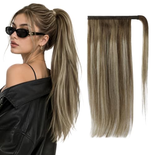 Image of Full Shine Human Hair Ponytail Extensions, Light Brown Balayage, Event Look
