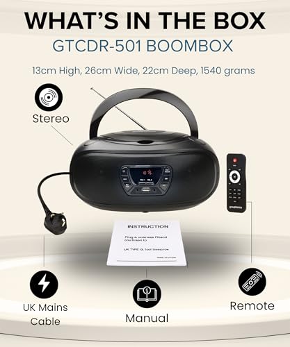 Grouptronics Small Portable CD Player For Home With Speakers – Boombox Mains Or Battery Powered, FM Radio, Supports MP3 Audio Books & Music, Compact & Easy To Use - With USB & AUX IN - GTCDR-501 - Image 7
