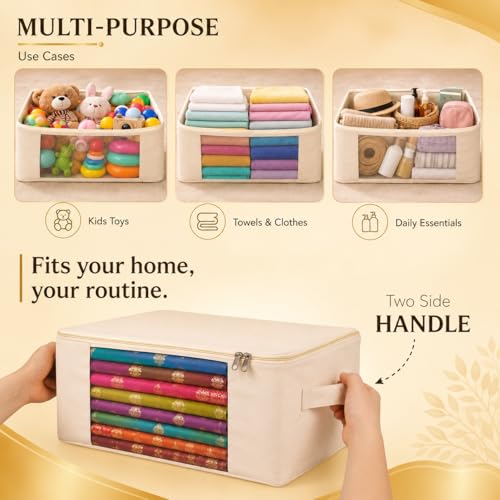 Image of Kottify 2 Pack Cotton Canvas Clothes Storage Bags /Saree Covers with Zip for Storage Specially Design for Woman Dresses, Sarees, Lehengas for Wardrobe Organizer (43cm x 36cm x 17.8cm),Beige