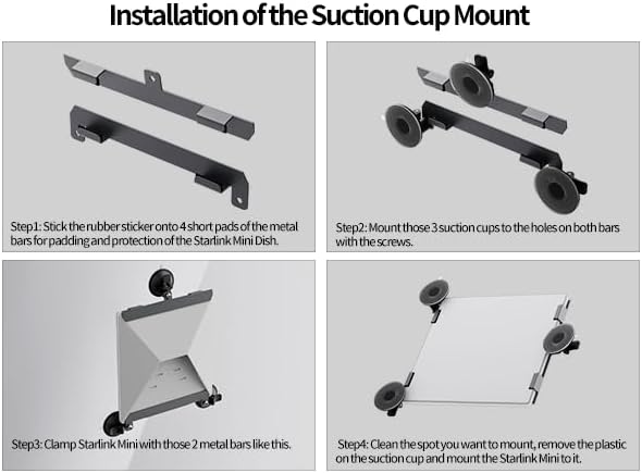 Four-step visual guide for installing the suction cup mount. Step 1 shows rubber stickers on metal bars. Step 2 shows suction cups being screwed onto the bars. Step 3 shows the Starlink Mini being clamped by the assembled bars. Step 4 shows the final mounted Starlink Mini on a glass surface.