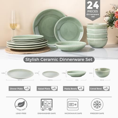 Image of GBHOME Dinnerware Sets For 6, 24Pcs Stoneware Plates and Double Bowls Sets, Dishwasher&Microwave Safe