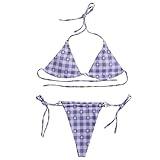 GOKOMO Karo String Bikini Set Damen Zweiteiliges Badeanzug mit Shorts Sexy Tankini Bikinioberteil Tanga Badehose Hoch Taille für Damen Triangle Bikini Push Up Bauchweg Bademode(L,Lila)