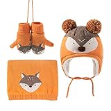 LUCKYBUNNY Toddler Cute Fox Winter Hat Scarf Gloves Set, Warm Fleece Lined Earflap Beanie Neck...