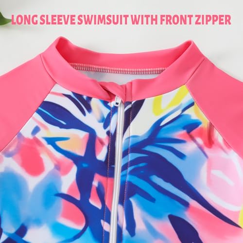 Image of Kids Girls Swimsuit Long Sleeve One Piece Swimwear Zipper Bathing Suit UV Protection Rash Guard Swimming