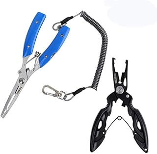 FNODGOING Fishing Pliers 2PCS Curved Nose Scissors Braid Fishing Line Cutters Split Ring Pliers Fish Hook Remover Braid Wire Cutter Holder Stainless Steel Multi-Tools Fishing (Blue+Black)
