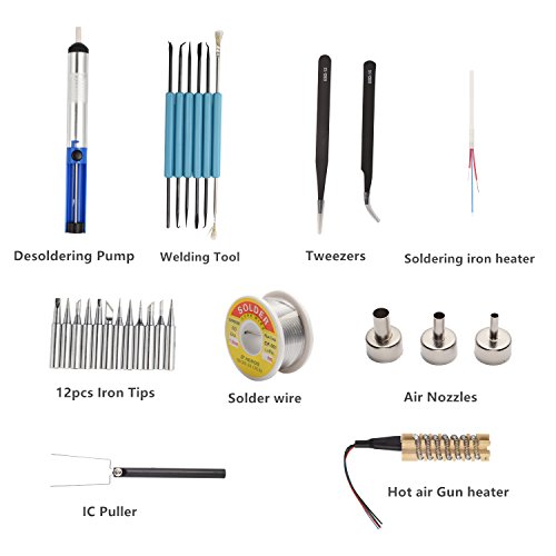TXINLEI 8586 110V Solder Station, 2 in 1 Digital Display SMD Hot Air Rework Station and Soldering Iron, 12pcs Different Soldering Tips,Solder Wire,Tweezers,Desoldering Pump,700W 480℃