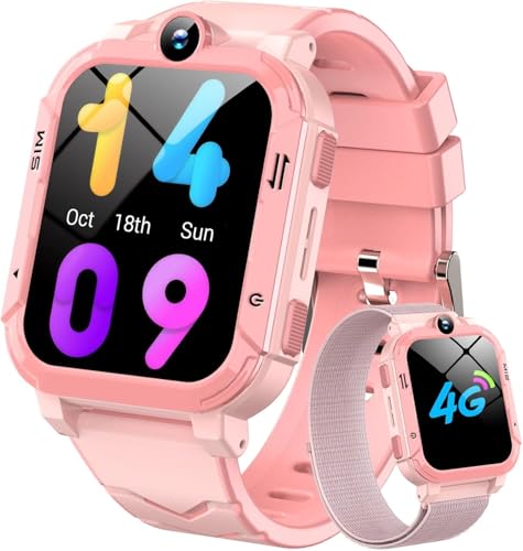 Blackview Montre Connectée Fille Garçon à 4G, GPS+LBS+WiFi, SOS, Caméra Frontale, Appels Vidéo, Podomètre, pour Filles et Garçon 5-16 Ans （Rose）