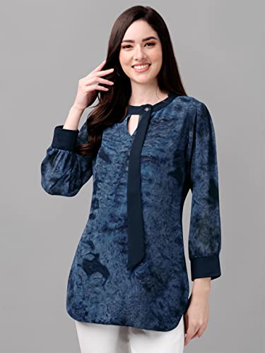 Image of Gufrina Women's Georgette Apple Cut Short Kurti with Long Puff Sleeves Western Style Keyhole Neck Solid Pattern Regular Fit and Mid Thigh Length