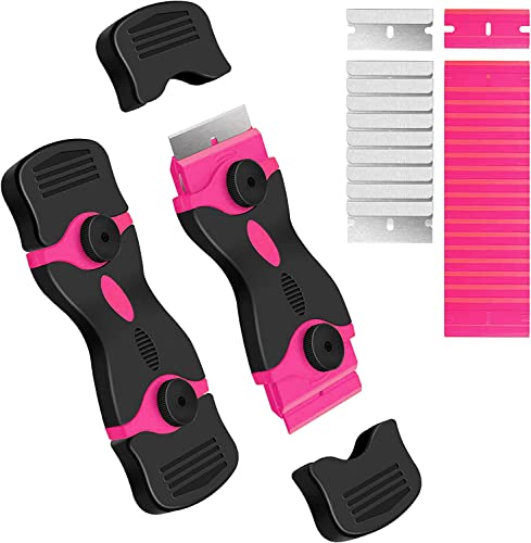DEKEones Razor Blade Scraper, 2 Pack Double Edged Razor blade Scraper Tool with 30 Pcs Razor Blades, Glass Scraper for Windows, Decals, Tint, Stickers, Labels, Caulk, Adhesiveï¼ˆPinkï¼‰