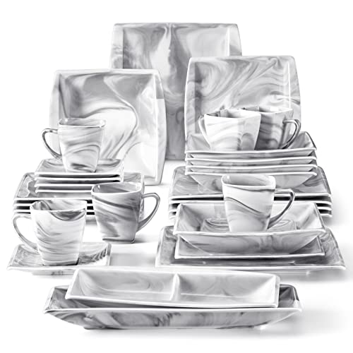 MALACASA Square Dinnerware Set, 32-Piece Marble Grey Dish Set for 6, Porcelain Plates and Bowls Microwave Safe, Dinner Set with Plates, Dishes, Cup and Saucer, Side Dish Plates, Series Blance