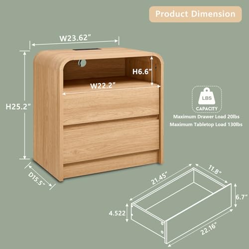 Image of Aitjunz 25 inch Tall Modern Nightstand Set of 2, 23.6'' Wide Wood Bedside Table w /2 Storage Drawers, Charging Station, Mid Century End Table for Bedroom, Living Room,Curved Profile Design, Natural Oak
